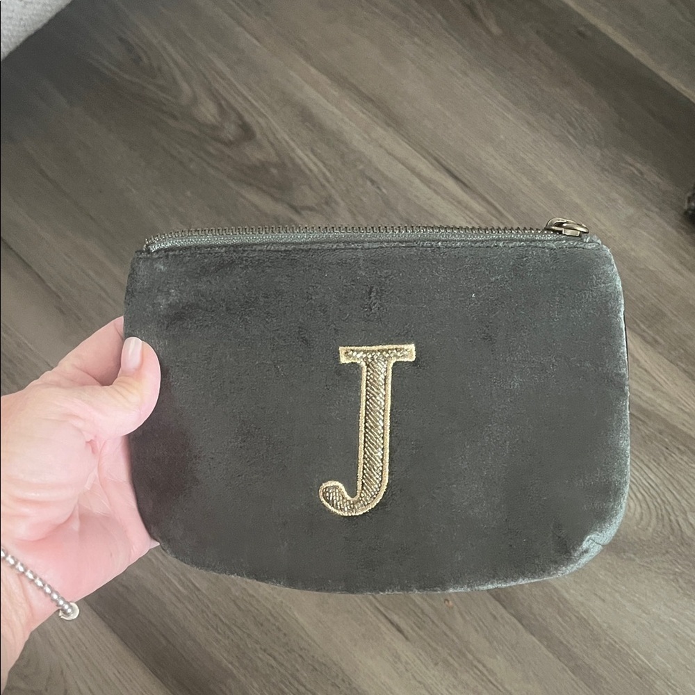 Green Velvet Cosmetic Pouch with Gold Letter J preowned